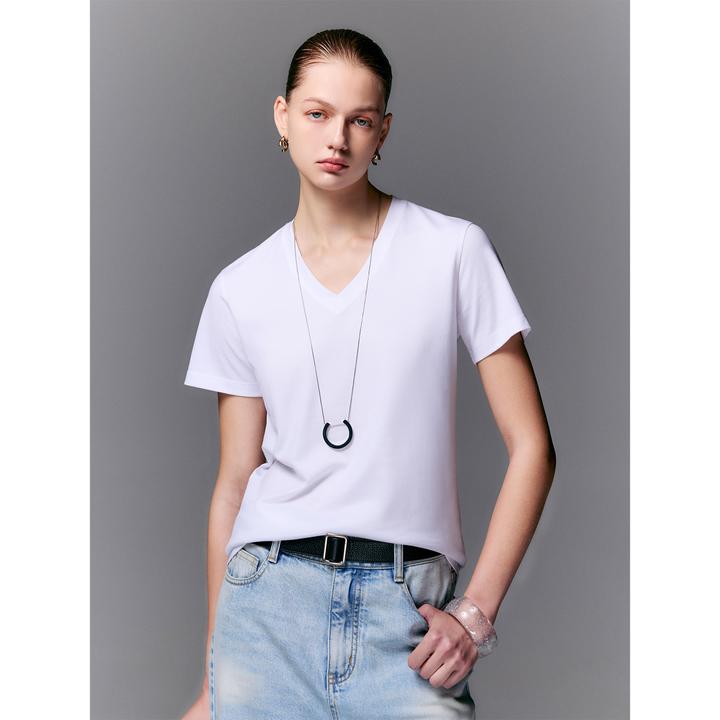 玖着“小白tee”环保天丝棉速干凉感爽滑经典简约百搭V领短袖T恤