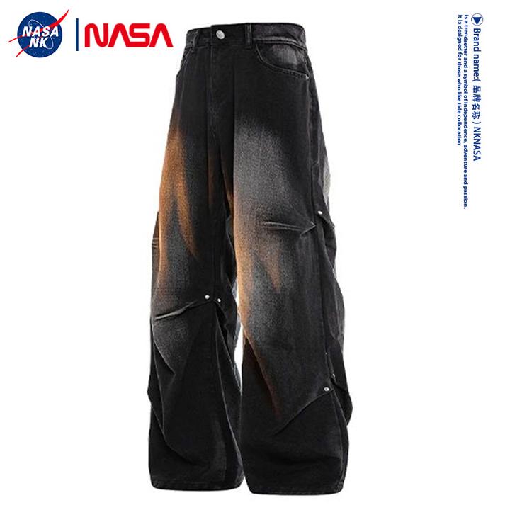 NASA联名美式高街牛仔裤男款秋冬季宽松水洗长裤阔腿直筒复古长裤