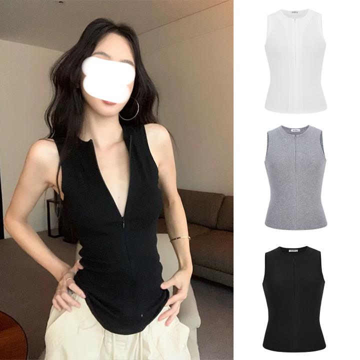 Moses Queen/魔西女王时髦凉感拉链无袖上衣女夏修身显瘦打底背心