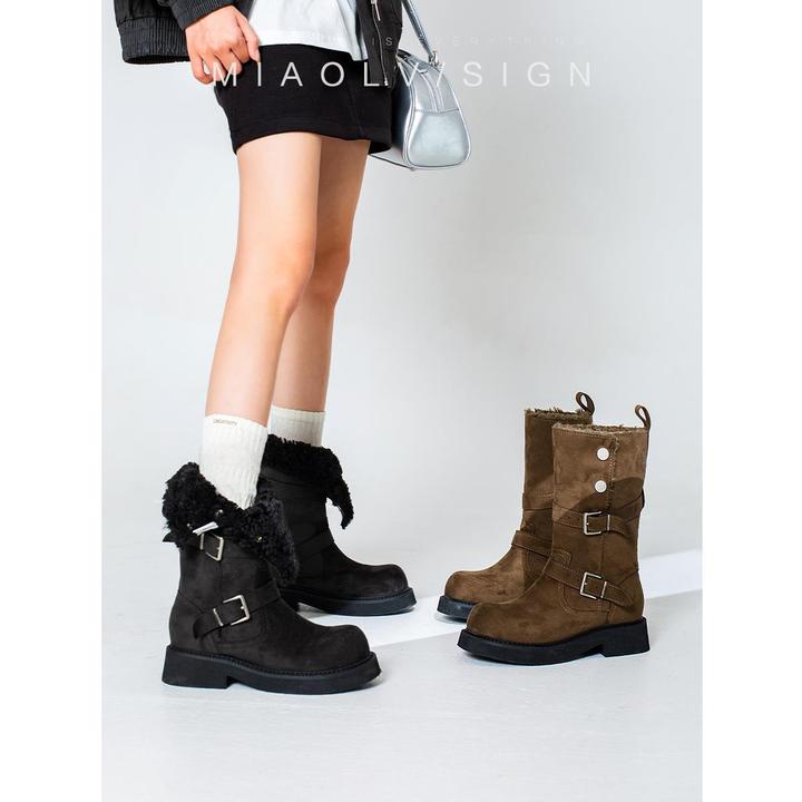 同款百搭鞋子天生栗质~加绒保暖厚底时装靴美拉德靴子