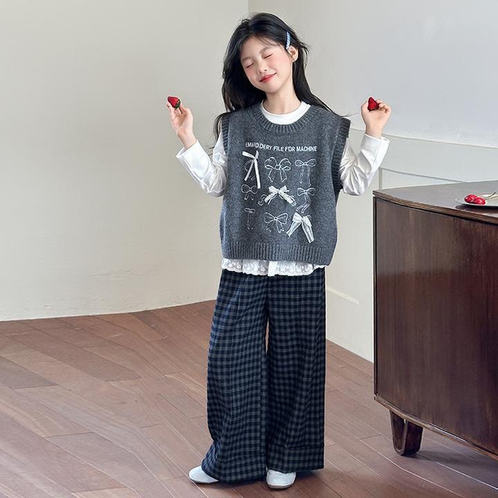 女大童春秋韩版毛线背心马甲套装6-12岁洋气格子休闲直筒裤三件套