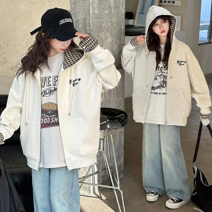 儿童外套春秋装洋气中大童女孩韩版连帽拉链衣服休闲宽松童装卫衣