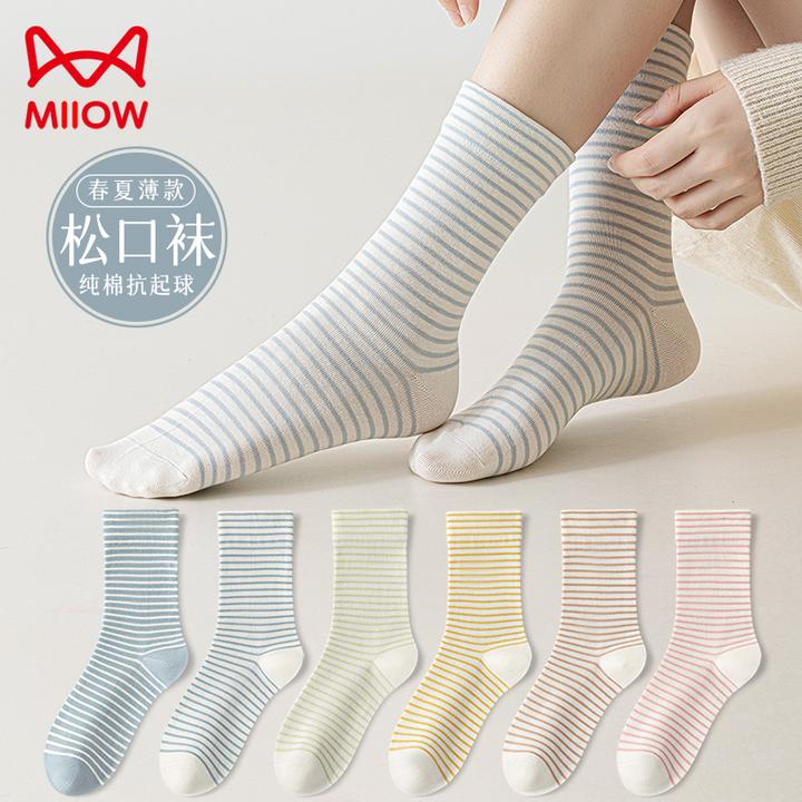 猫人月子袜女士纯棉中筒袜春夏款透气吸汗全棉防臭条纹无骨长筒袜