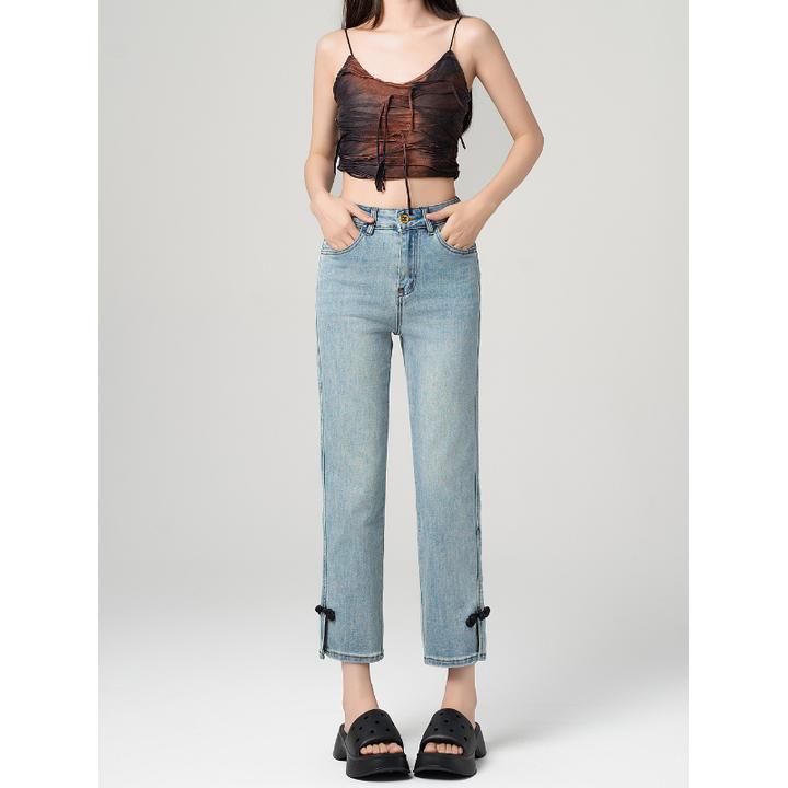 女装烟管裤2025春秋新款高腰小众设计直筒牛仔裤窄版阔腿九分裤子