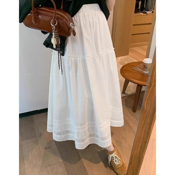 法式蕾丝拼接白色a字半身裙女春夏季新款设计感宽松小个子中长裙