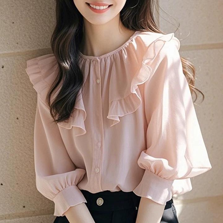 法式设计感百搭休闲衬衫女春夏新款甜美风小清新洋气荷叶边上衣