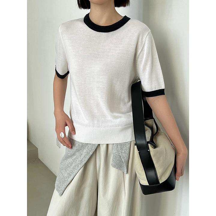 毛衣针织百搭夏季半袖宽松圆领设计感时尚休闲小众薄款简约条纹拼