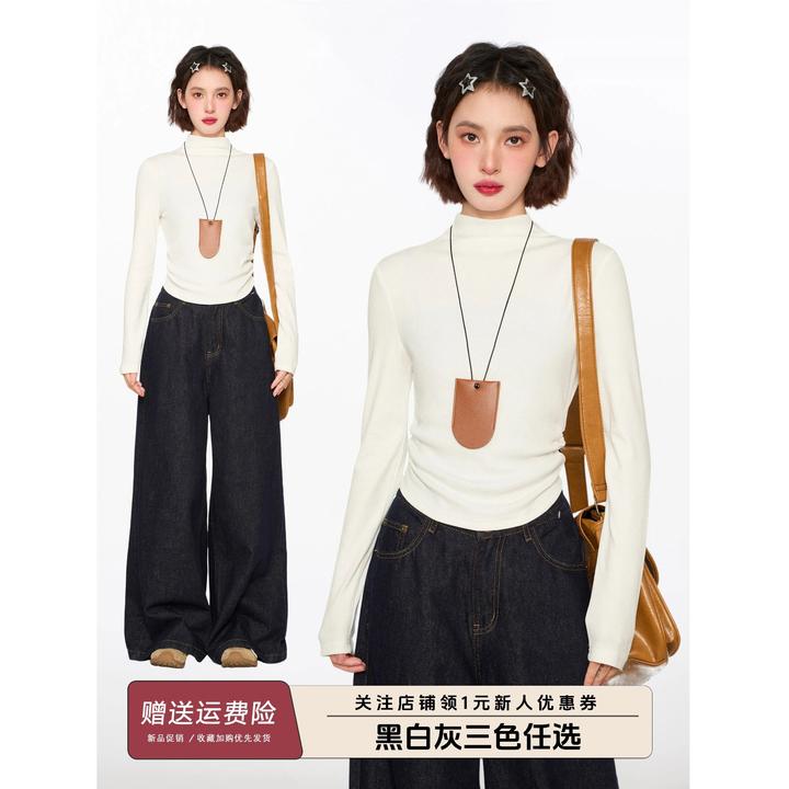 白色半高领长袖打底衫女内搭秋冬季修身短款小衫t恤2026新款上衣