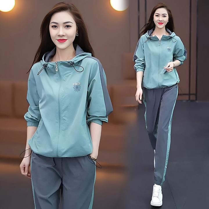 运动套装女2025春秋新款穿搭时尚印花跑步服大码气质减龄连帽整套