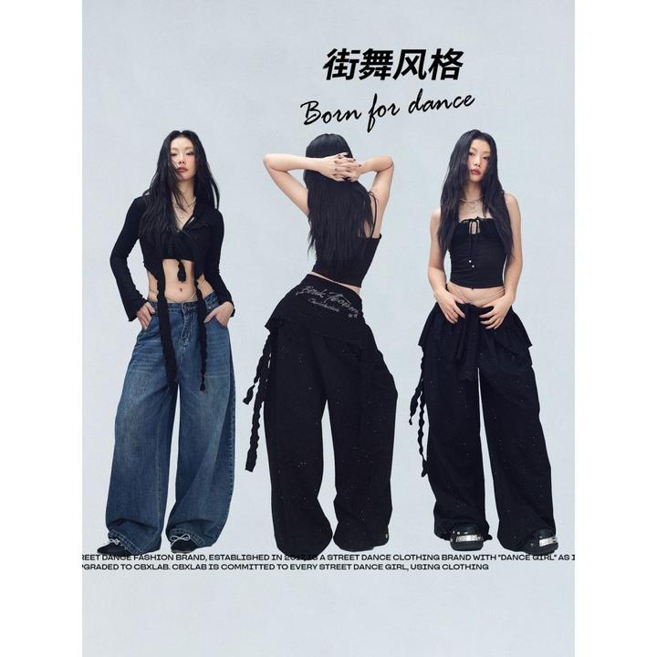 黑色烫钻细闪飘带跳舞长袖罩衫爵士飘逸辣妹小衫女