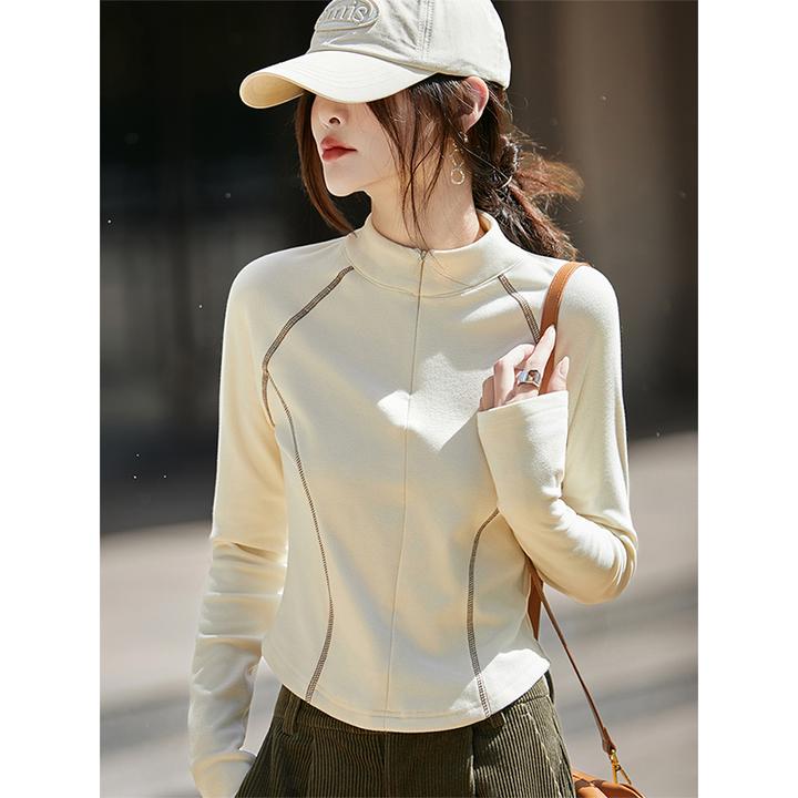 拉链立领德绒长袖卫衣女春秋款修身显瘦时尚韩版拼色气质打底上衣