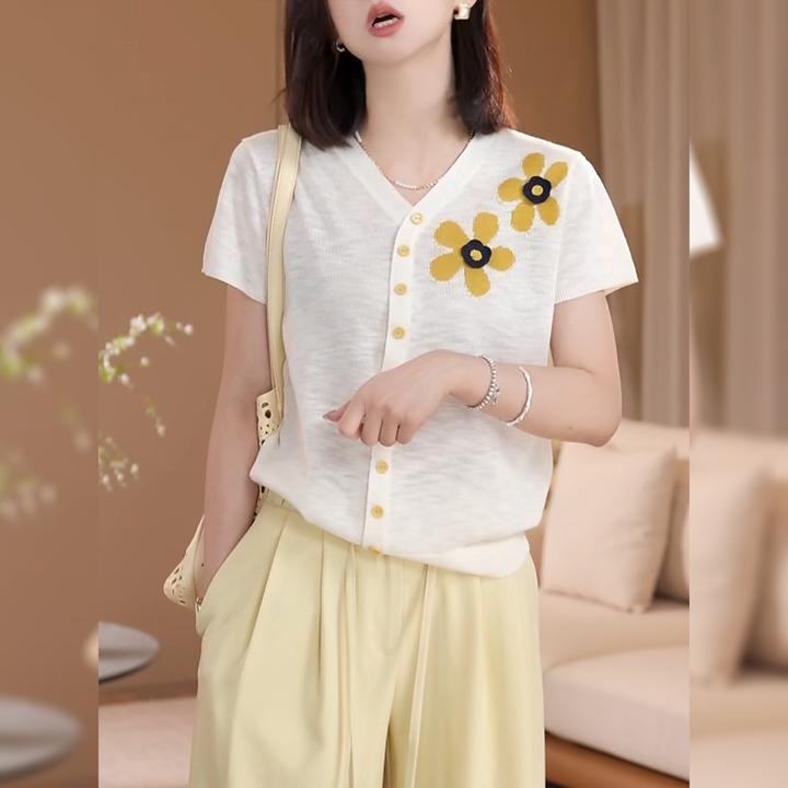 洋气V领短袖针织衫夏季薄款胖MM大码女装显瘦宽松遮肉开衫上衣女