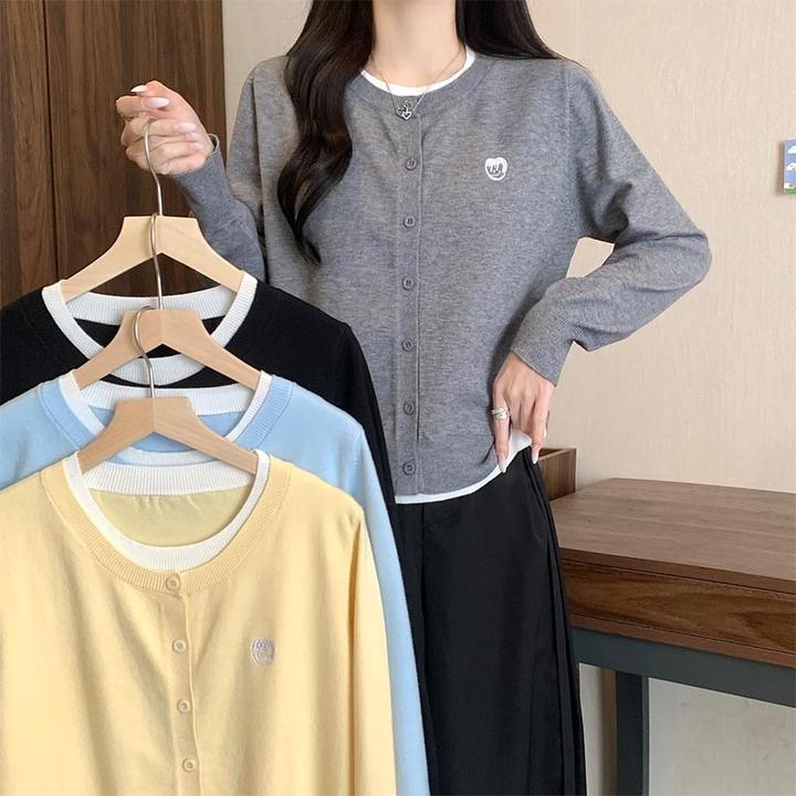 韩系假两件撞色针织开衫上衣女2026年春季新款时尚慵懒风毛衣外套