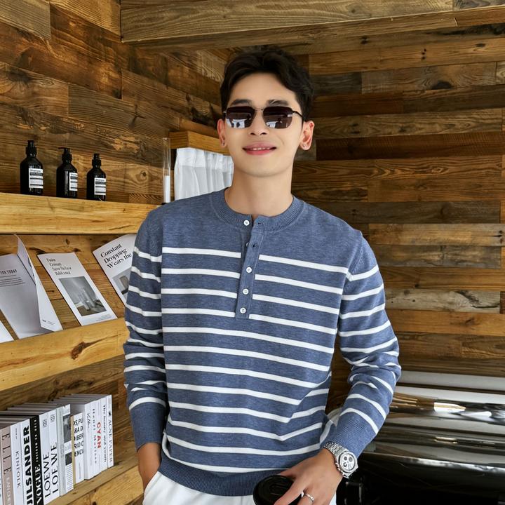 『韩系氛围感』早秋莫代尔混纺经典条纹亨利领上衣撞色百搭针织衫