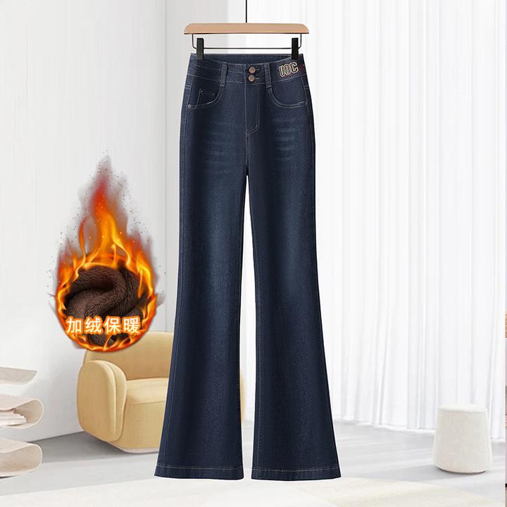 2025秋冬休闲百搭显瘦高腰微喇裤加绒加厚保暖丹宁蓝弹力修身时尚