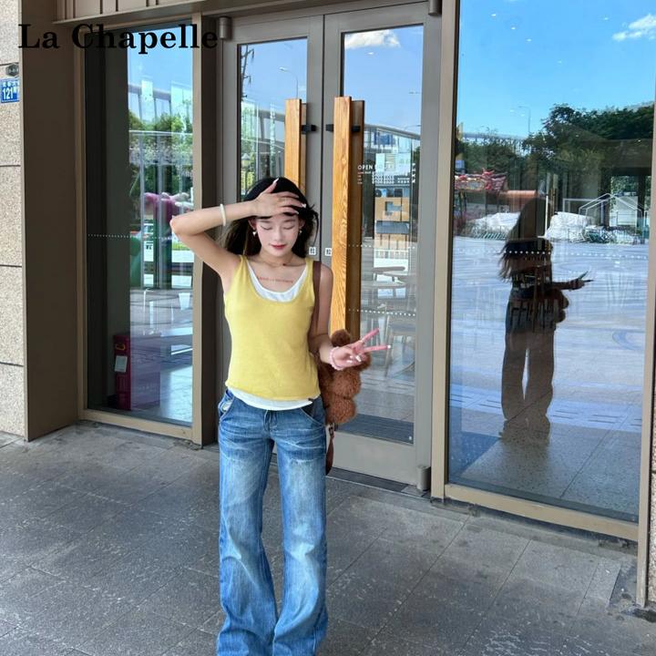 拉夏贝尔码假两件撞色吊带背心女设计感外穿百搭显瘦内搭无袖上衣