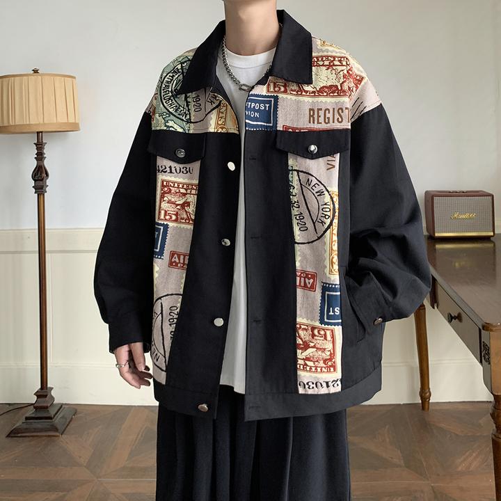 春秋季新款宽松休闲百搭外套男装上衣男美式复古拼接翻领夹克男款