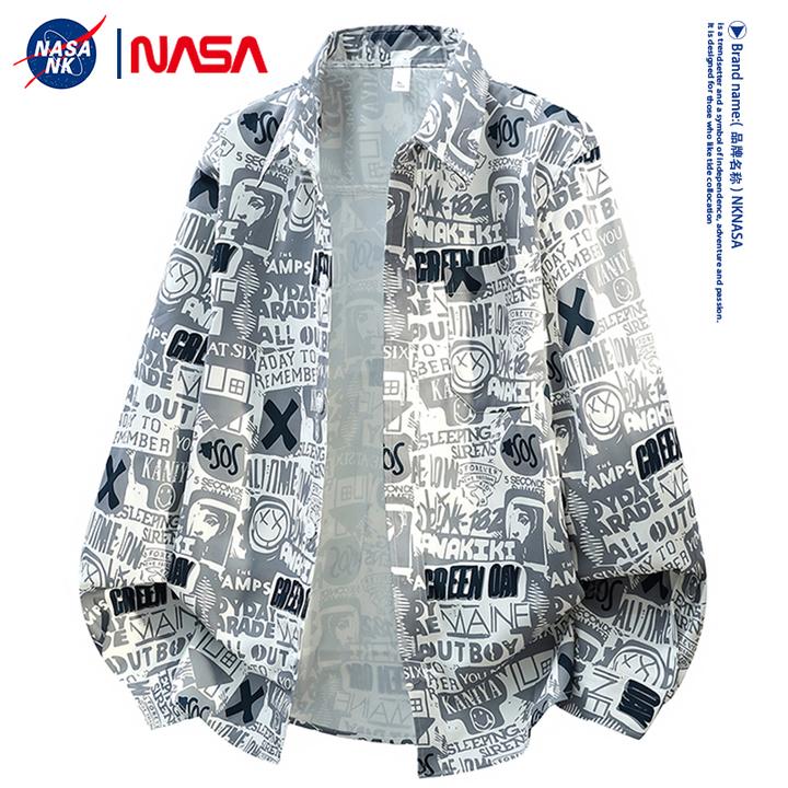 NASA联名美式高街长袖衬衫男女同款春秋季青少年满印字母潮牌外套