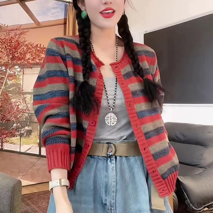 秋季新款时尚复古色织条纹针织开衫F宽松显瘦百搭休闲圆领毛衣女