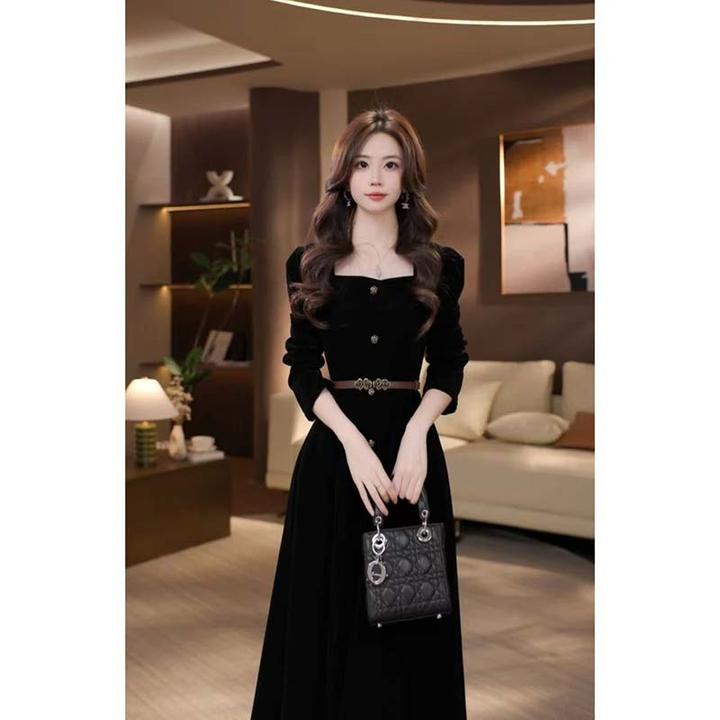 【送腰带】春秋季新款法式高级感长袖显瘦连衣裙LJ0136