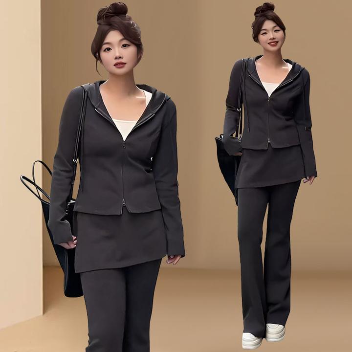 大码胖mm双拉链连帽长袖修身卫衣+带裙摆显瘦喇叭休闲裤时髦套装