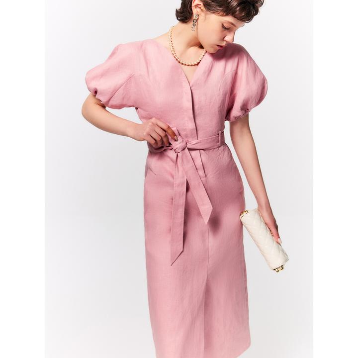 玖着“久夏”清爽100亚麻松弛气质弧形领泡泡袖可拆卸腰带连衣裙