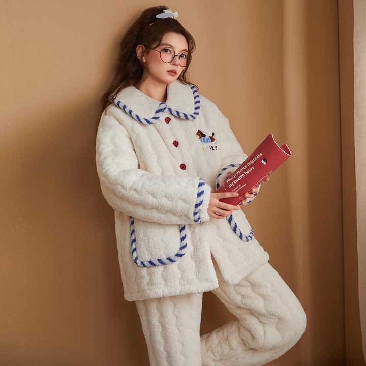 冬睡衣女款爆款2025新款可爱加厚三层夹棉半边绒珊瑚绒家居服套装