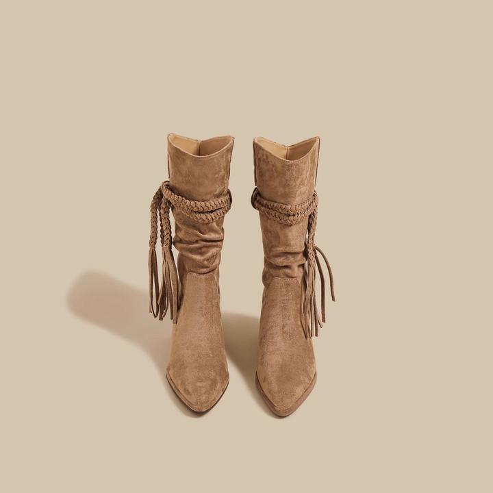 美拉德棕色复古马丁靴女秋新款流苏绑带粗高跟中筒西部牛仔骑士靴