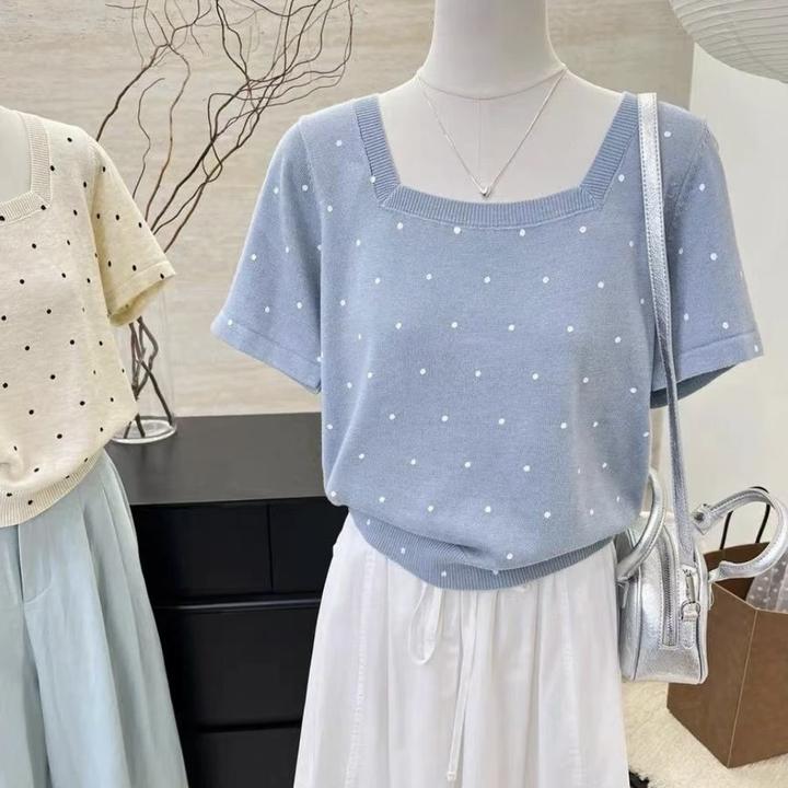 大码女装夏季法式方领小波点短袖针织衫女宽松显瘦小衫上衣#2513