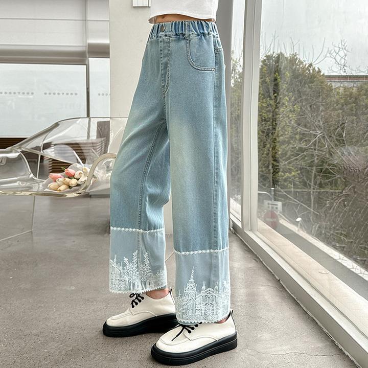 女童国风牛仔裤2025新款春秋儿童春装韩版裤子大童春季直筒阔