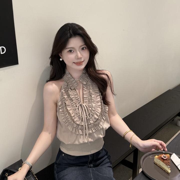 【曼谷季风】韩系夏日重工小众气质立体花边拼接设计感无袖挂脖背心