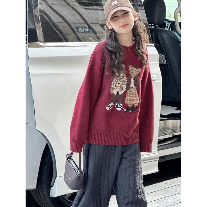 K30458女童加厚打底衫儿童毛衣2025秋冬装新款针织上衣红色新年装