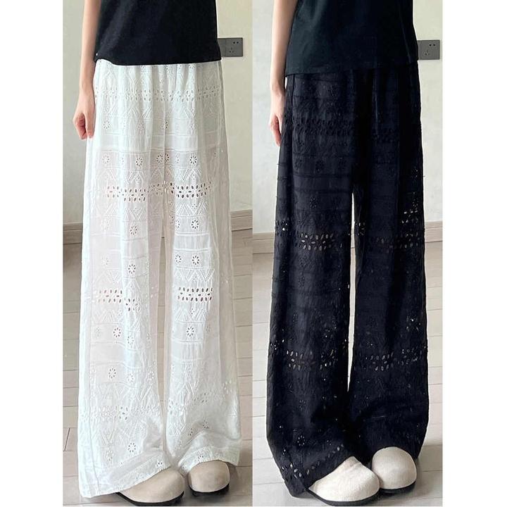 大码夏季薄款高腰蕾丝镂空拖地阔腿裤女胖mm宽松显瘦休闲直筒裤子