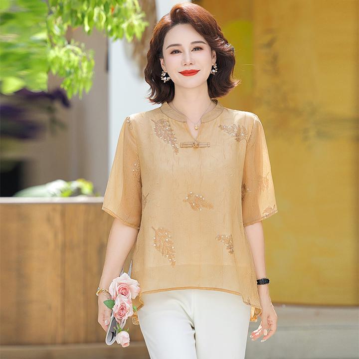 妈妈夏装国风短袖小衫洋气2025新款中老年女夏季阔太太上衣两件套