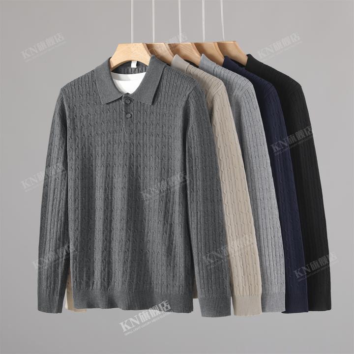 秋冬新款老钱风提花设计翻领针织衫男抗起球休闲高级百搭毛衣男士