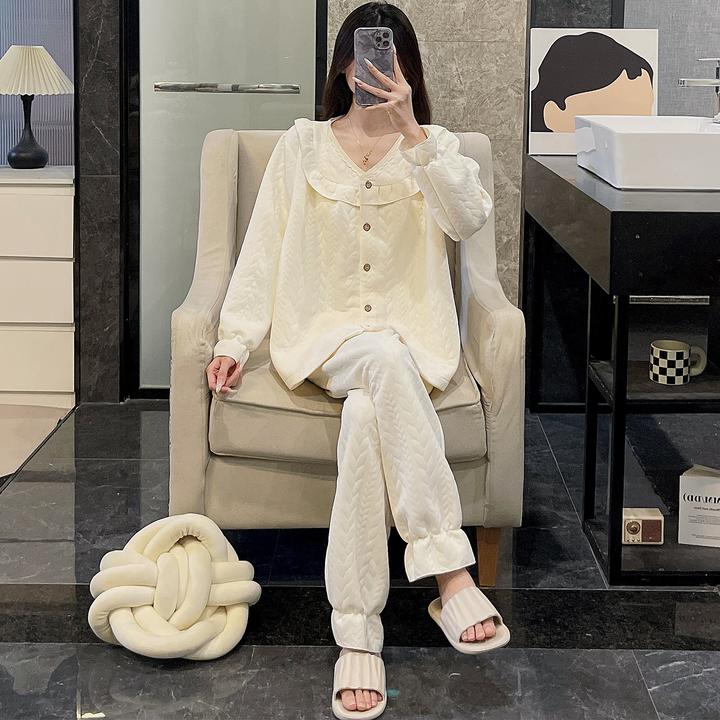 睡衣女秋冬季大码2025新款夹层杏色公主风套装可外穿高级感家居服