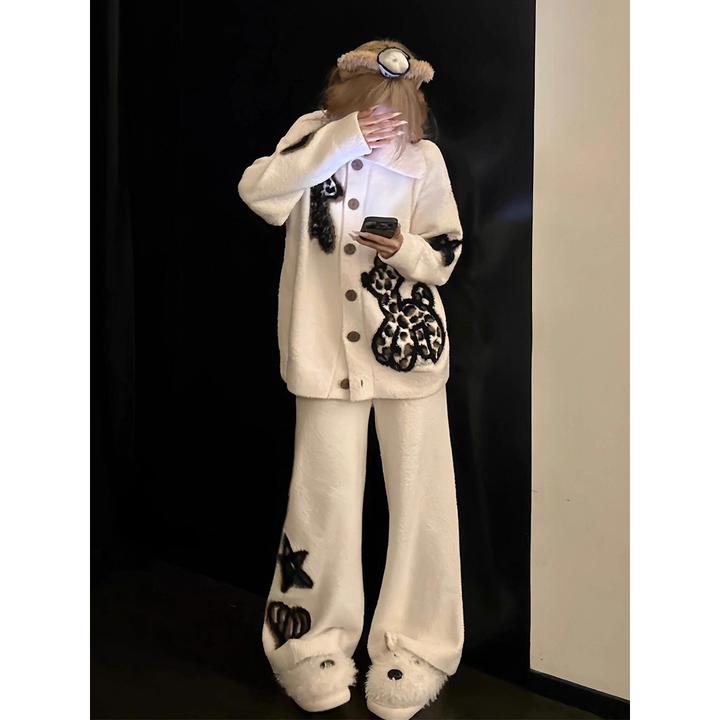 韩版黑白撞色半边绒睡衣套装女秋冬2025新款加绒加厚家居服两件套