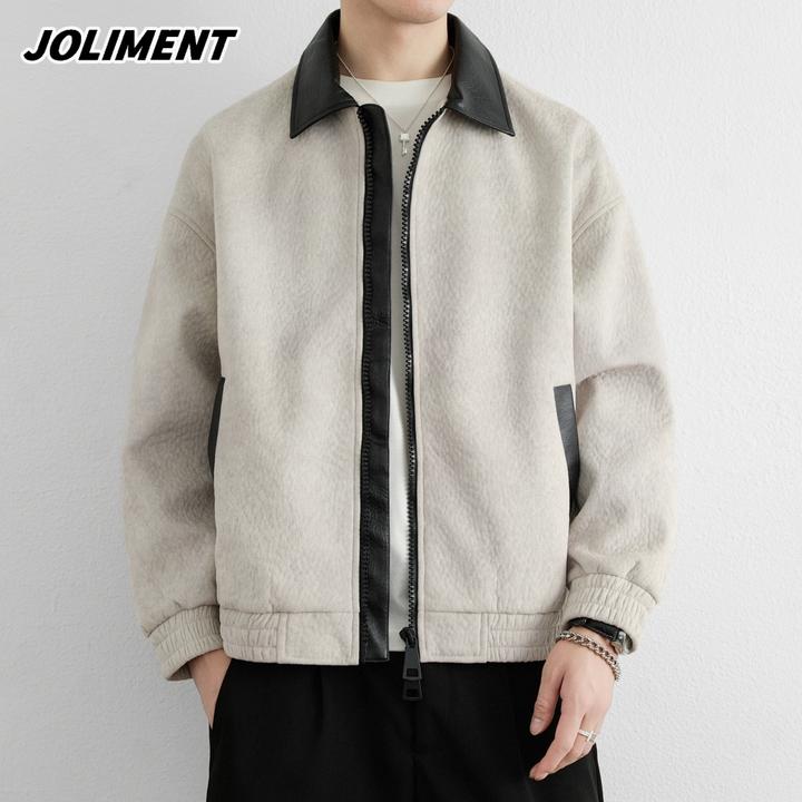 JOLIMENT韩版翻领夹克外套男女春秋款潮牌宽松大码拼接设计感上衣