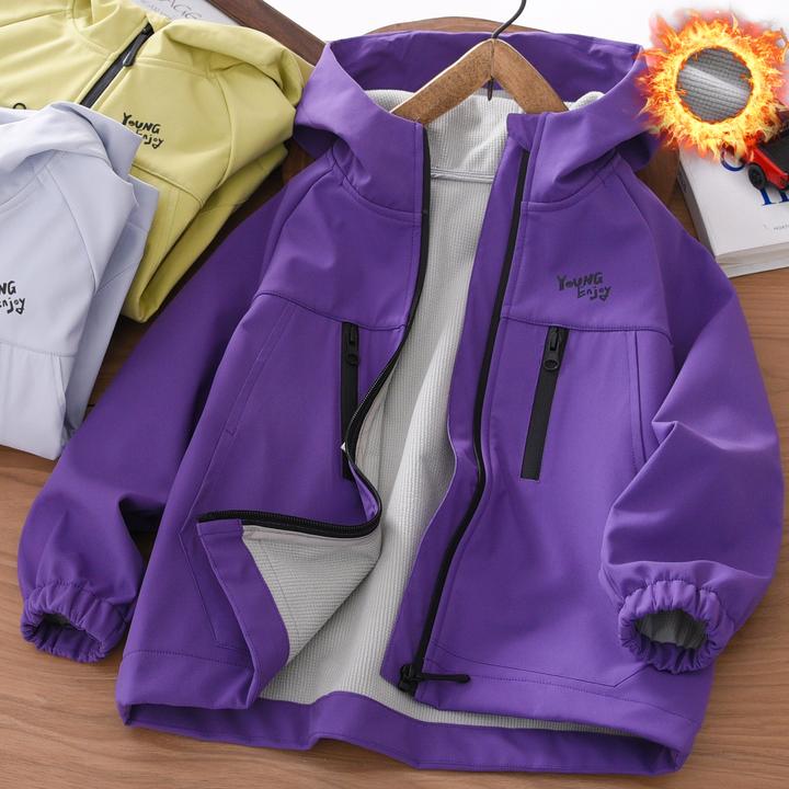 男童加绒外套秋冬季2025新款中大童男孩防泼加厚儿童装连帽冲锋衣