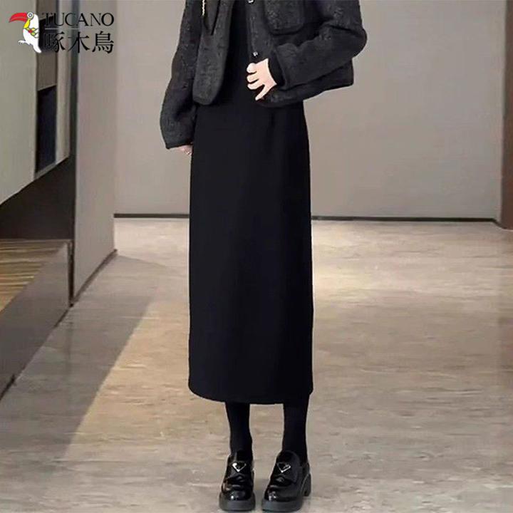 TUCANO/啄木鳥韩版半身裙黑色高腰秋冬直筒后开叉裙子毛呢包臀裙