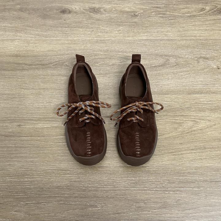 Dannyfrey秋季运动户外风百搭牛反绒厚底系带大头小皮鞋德比鞋女