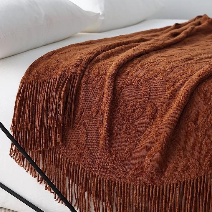 美式复古风针织床尾巾床旗搭毯沙发休闲装饰盖毯长款北欧简约棕色