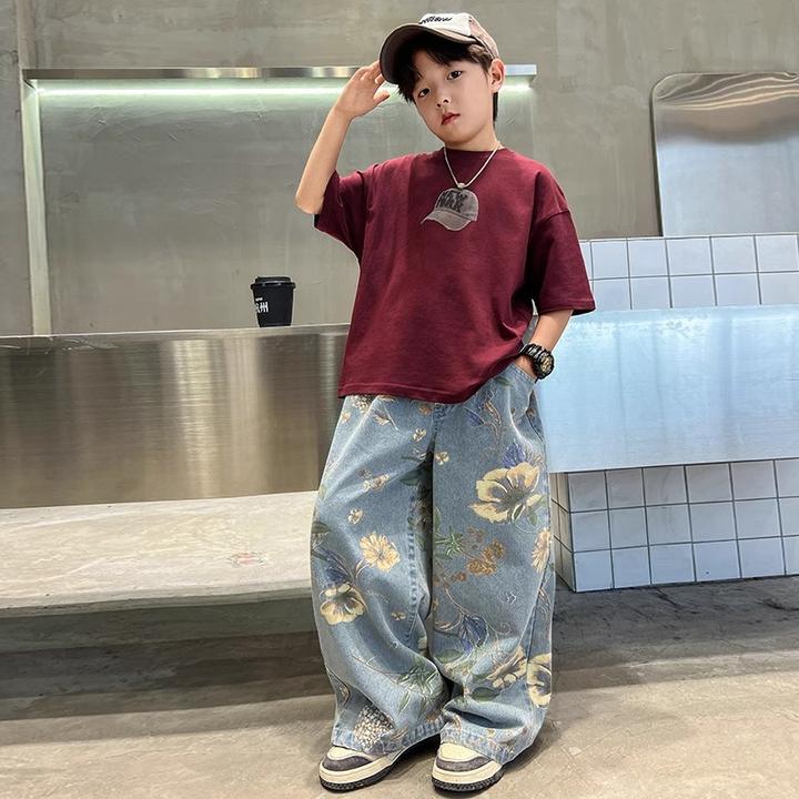 时髦男童花花牛仔套装2025新款大儿童宽松帅气炸街舒适潮男孩夏款