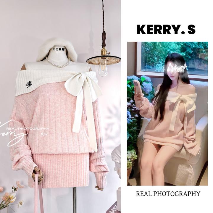 法式甜美风蝴蝶结一字肩针织连衣裙秋冬包臀短裙温柔风显瘦穿搭