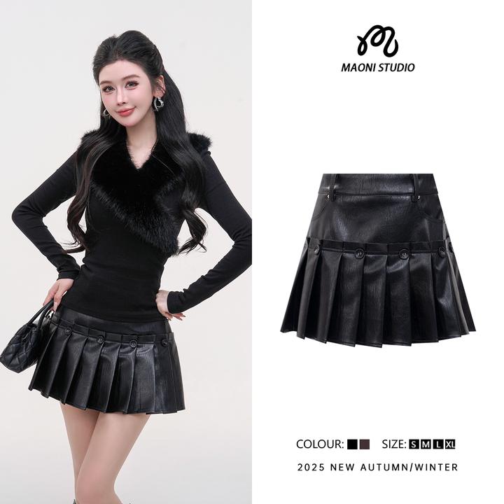 毛妮LADIESFIRST【黑褶星芒】辣妹风皮裙高腰百褶A字半身裙L2480