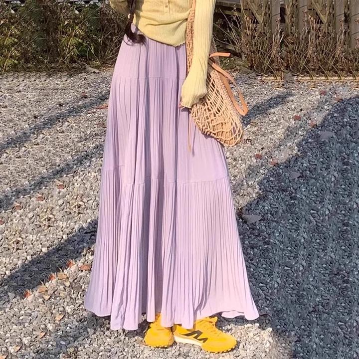 紫色半身裙女春季2025新款中长款高腰垂坠感百褶裙小个子a字半裙
