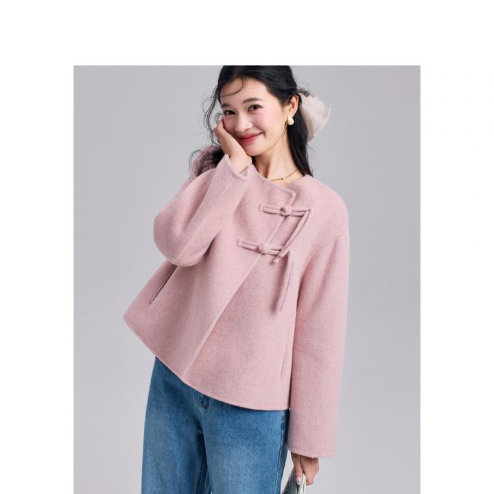 粉色新中式国风双面呢短款大衣女2025新款小个子羊毛呢气质外套