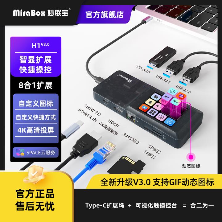 妙联宝H1可视化拓展坞适用macbook分线器USB转换网口type-c扩展坞
