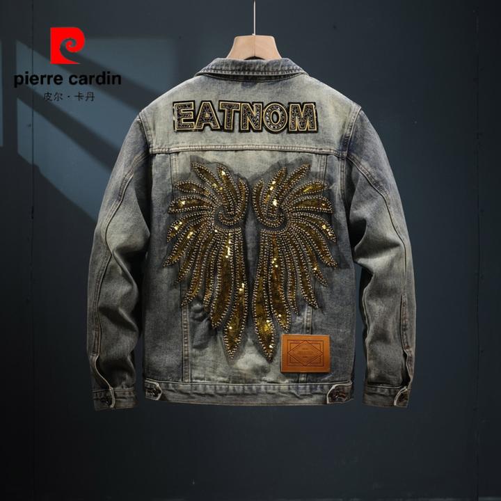 皮尔卡丹2025春秋款高端刺绣牛仔外套男宽松大码上衣美式重工水洗