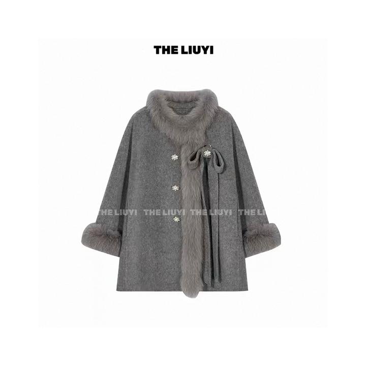 【LIUYI】冬款真狐狸毛领羊毛双面呢大衣512184